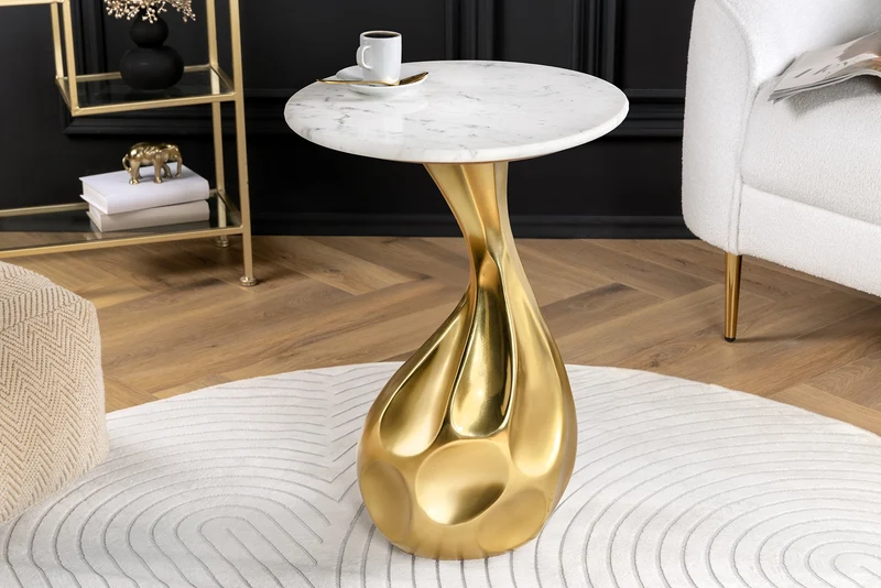 Table d'appoint ronde TEAR 60 cm or blanc avec plateau en marbre fait main