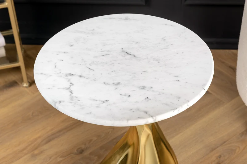 Table d'appoint ronde TEAR 60 cm or blanc avec plateau en marbre fait main