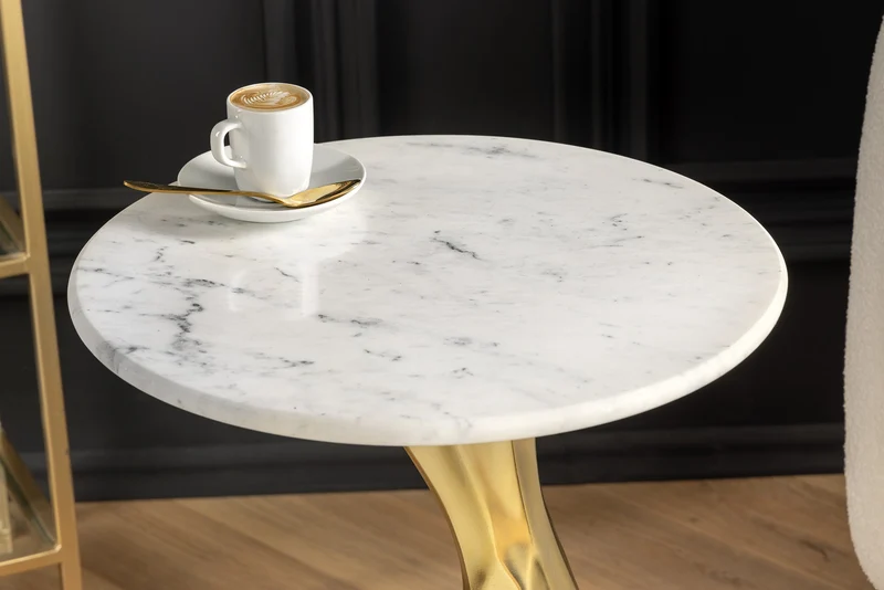 Table d'appoint ronde TEAR 60 cm or blanc avec plateau en marbre fait main
