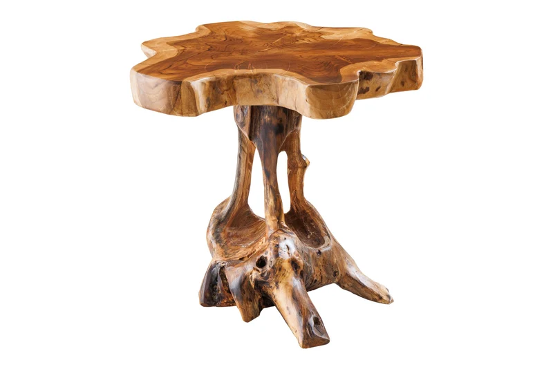 Table d'appoint en bois massif ROOT 40 cm en teck naturel en bois de racine au design sur pilotis