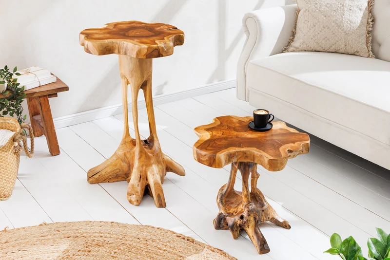 Table d'appoint en bois massif ROOT 40 cm en teck naturel en bois de racine au design sur pilotis