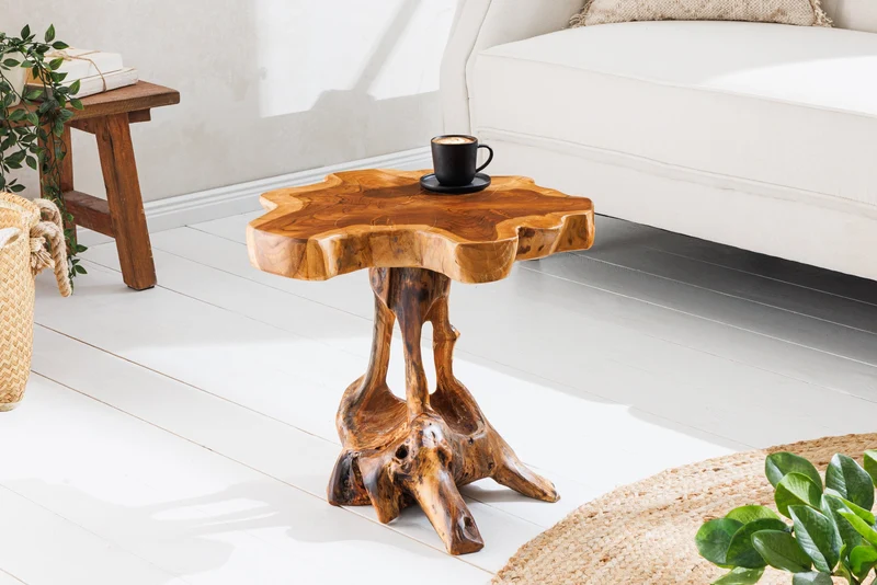 Table d'appoint en bois massif ROOT 40 cm en teck naturel en bois de racine au design sur pilotis