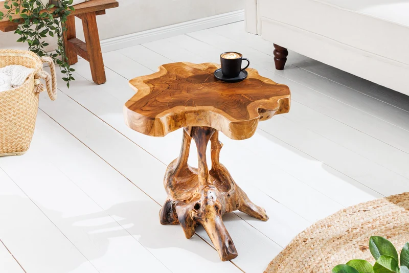 Table d'appoint en bois massif ROOT 40 cm en teck naturel en bois de racine au design sur pilotis