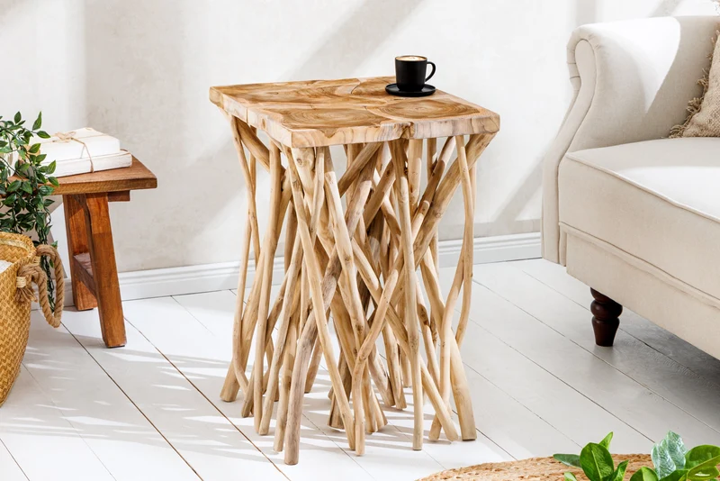 Table d'appoint carrée en bois massif DRIFTWOOD 60 cm en teck naturel au design sur pilotis