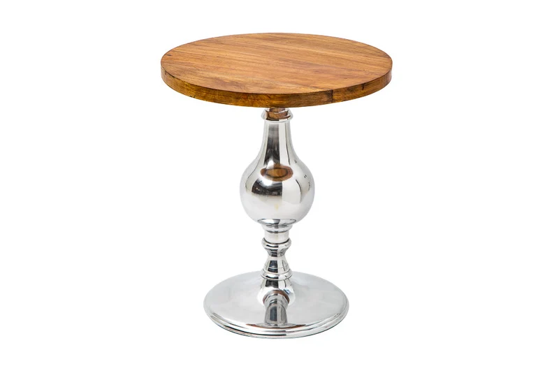 Table d’appoint design EXTRAVAGANCIA 60cm en manguier massif pied colonne métal rond argent