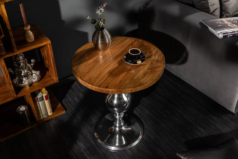 Table d’appoint design EXTRAVAGANCIA 60cm en manguier massif pied colonne métal rond argent