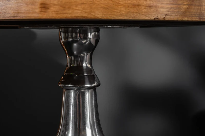 Table d’appoint design EXTRAVAGANCIA 60cm en manguier massif pied colonne métal rond argent