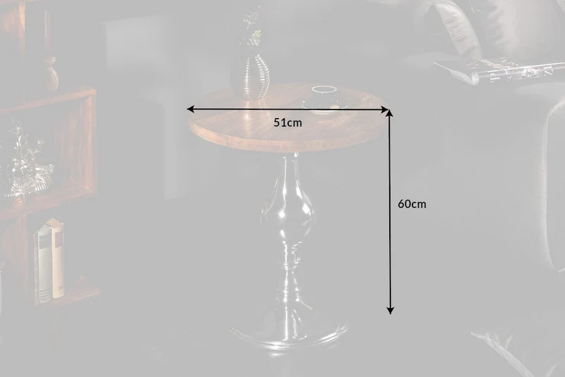 Table d’appoint design EXTRAVAGANCIA 60cm en manguier massif pied colonne métal rond argent