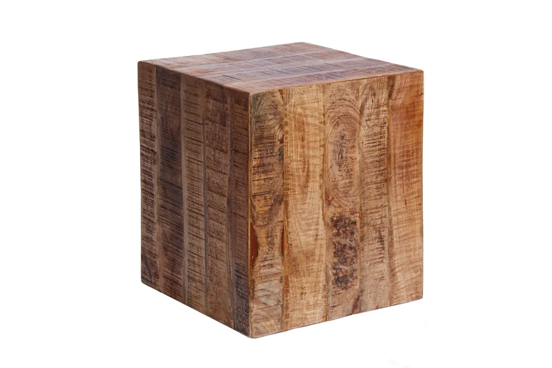 Table d'appoint massive FACTORY 45cm en bois de manguier naturel flammé sur roulettes