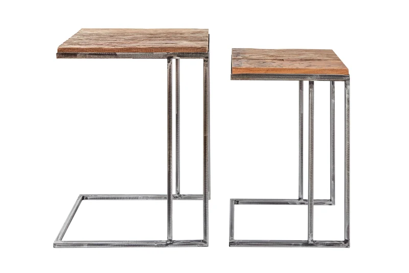 Ensemble de 2 tables d'appoint industrielles BARRACUDA 45 cm en bois massif Salholz avec structure en métal fléchi