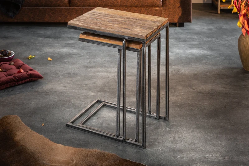 Ensemble de 2 tables d'appoint industrielles BARRACUDA 45 cm en bois massif Salholz avec structure en métal fléchi