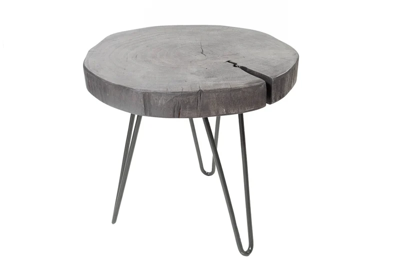 Table d'appoint ronde GOA 45cm bois d'acacia massif gris disque pieds épingles métal