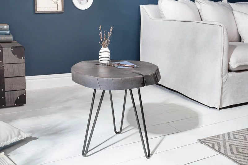 Table d'appoint ronde GOA 45cm bois d'acacia massif gris disque pieds épingles métal