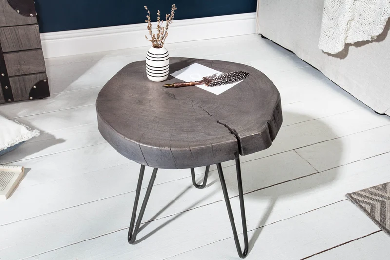 Table d'appoint ronde GOA 45cm bois d'acacia massif gris disque pieds épingles métal