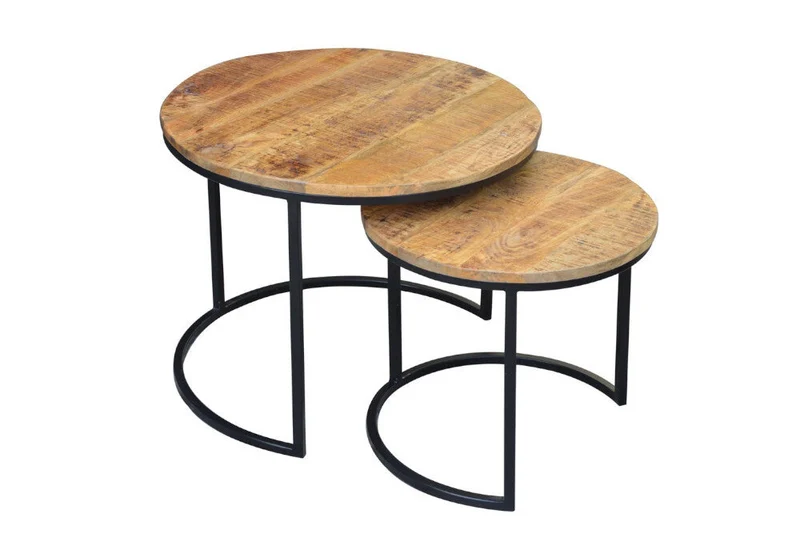 Ensemble industriel de 2 tables d'appoint ELEMENTS 60cm en bois de manguier massif, rondes, structure en métal noir