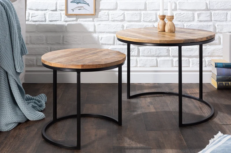Ensemble industriel de 2 tables d'appoint ELEMENTS 60cm en bois de manguier massif, rondes, structure en métal noir