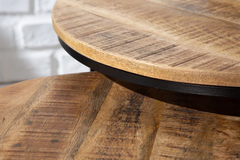 Ensemble industriel de 2 tables d'appoint ELEMENTS 60cm en bois de manguier massif, rondes, structure en métal noir