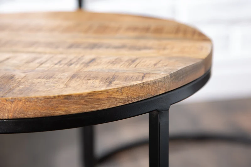 Ensemble industriel de 2 tables d'appoint ELEMENTS 60cm en bois de manguier massif, rondes, structure en métal noir