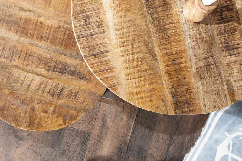 Ensemble industriel de 2 tables d'appoint ELEMENTS 60cm en bois de manguier massif, rondes, structure en métal noir