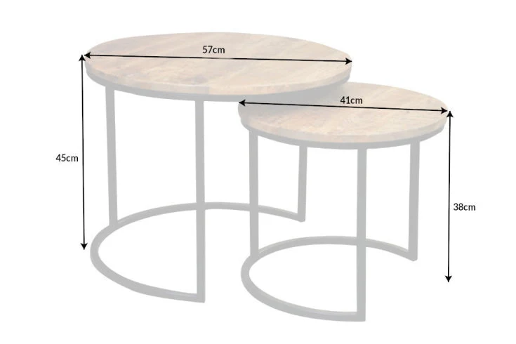 Ensemble industriel de 2 tables d'appoint ELEMENTS 60cm en bois de manguier massif, rondes, structure en métal noir