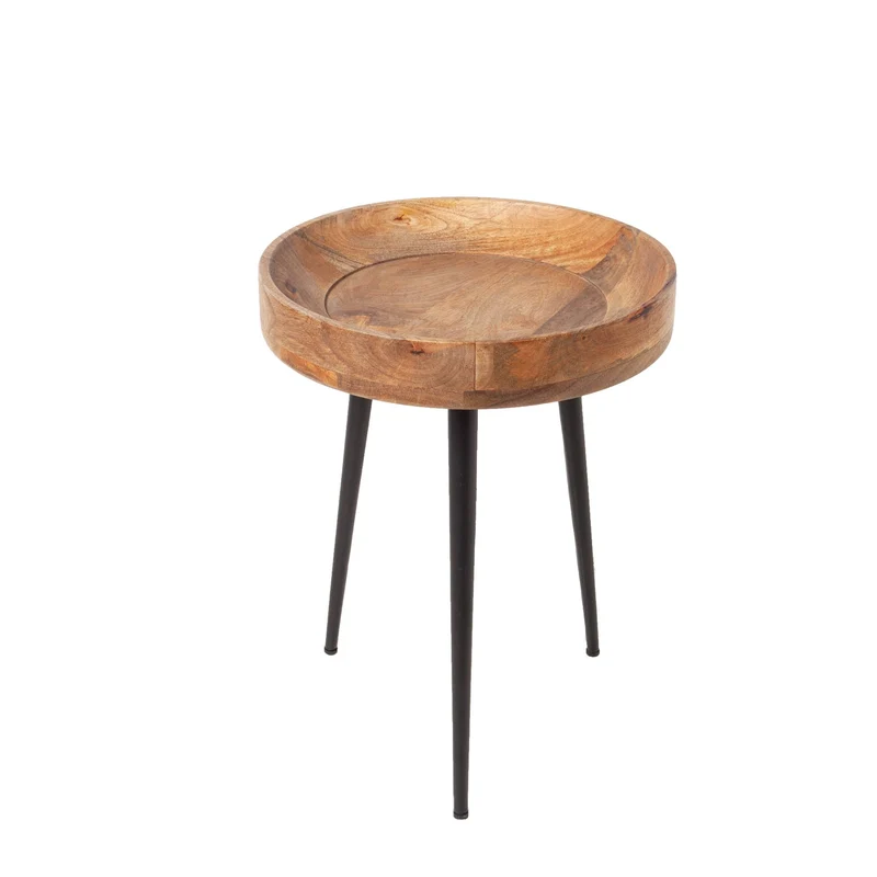 Table d'appoint massive PURE NATURE 35cm en bois de manguier naturel ronde avec pieds en métal noir
