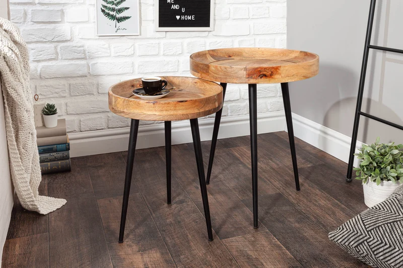 Table d'appoint massive PURE NATURE 35cm en bois de manguier naturel ronde avec pieds en métal noir