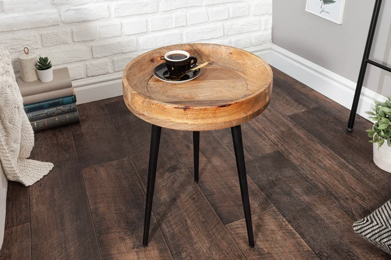 Table d'appoint massive PURE NATURE 35cm en bois de manguier naturel ronde avec pieds en métal noir
