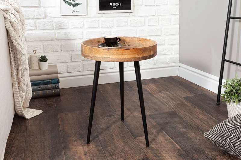 Table d'appoint massive PURE NATURE 35cm en bois de manguier naturel ronde avec pieds en métal noir
