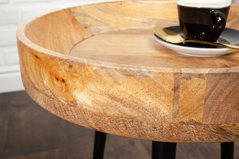 Table d'appoint massive PURE NATURE 35cm en bois de manguier naturel ronde avec pieds en métal noir