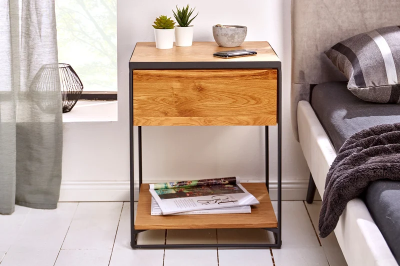 Table d'appoint moderne SCORPION 50cm design chêne sauvage table de chevet en métal avec tiroir