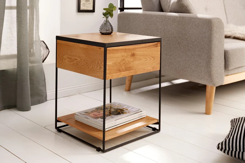Table d'appoint moderne SCORPION 50cm design chêne sauvage table de chevet en métal avec tiroir