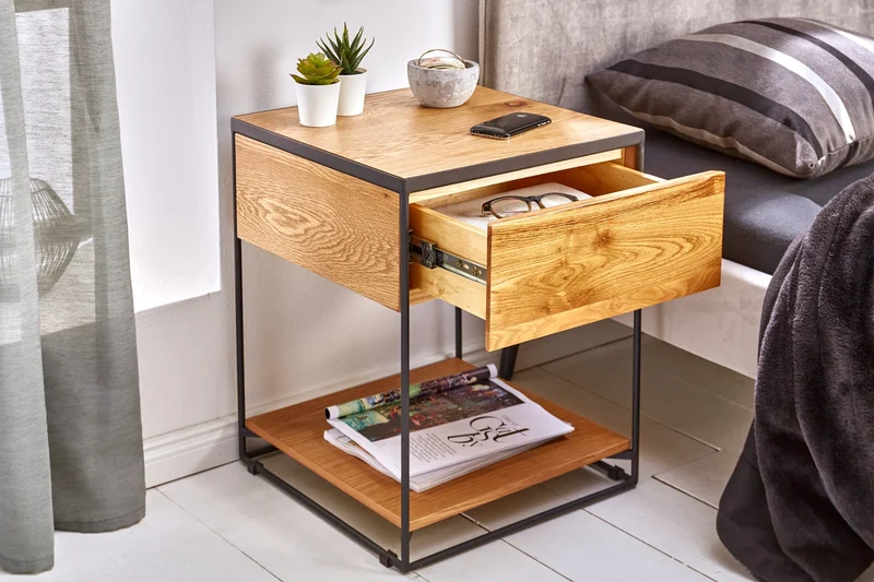 Table d'appoint moderne SCORPION 50cm design chêne sauvage table de chevet en métal avec tiroir