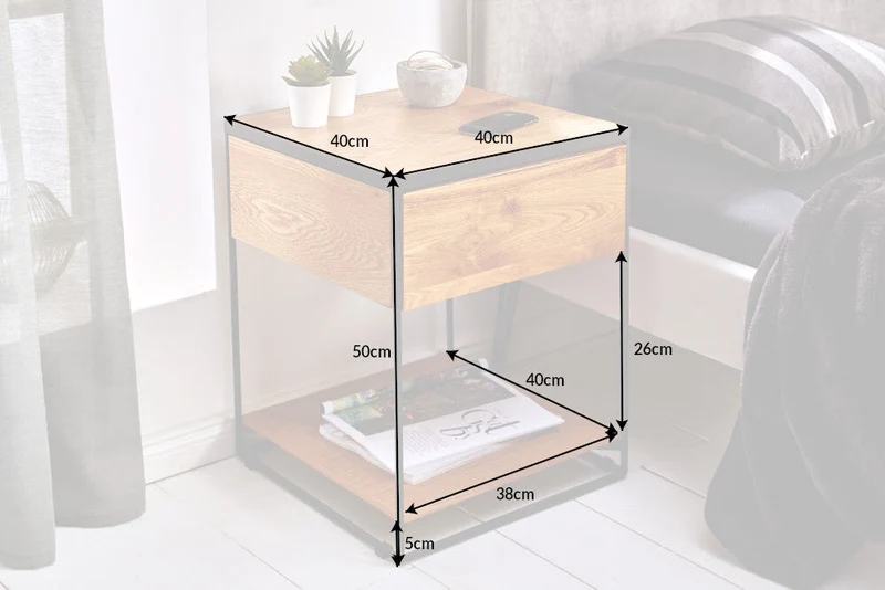 Table d'appoint moderne SCORPION 50cm design chêne sauvage table de chevet en métal avec tiroir
