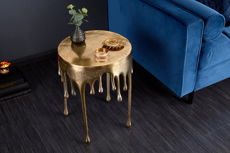 Table d'appoint extravagante LIQUID LINE 50cm design goutte d'or métal aluminium ronde
