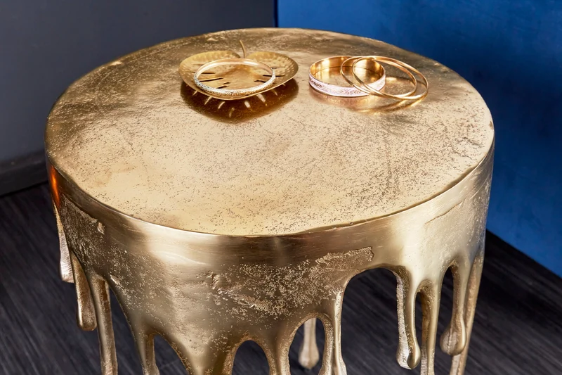 Table d'appoint extravagante LIQUID LINE 50cm design goutte d'or métal aluminium ronde
