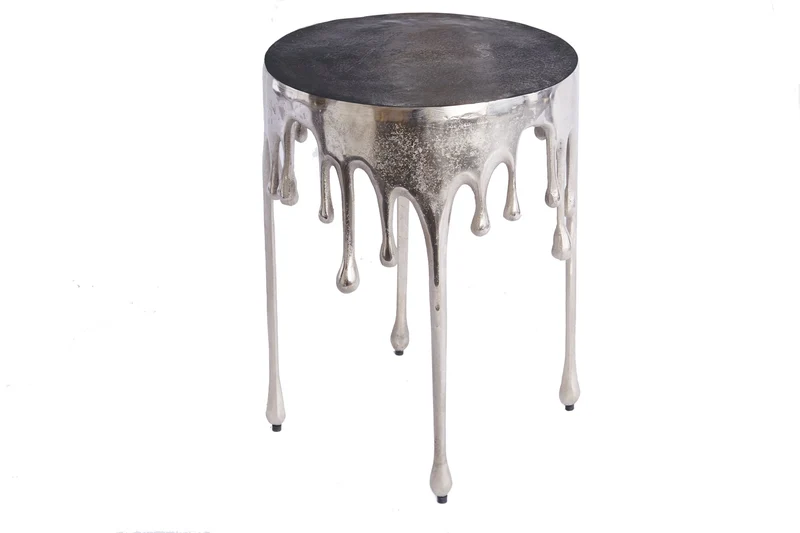 Table d'appoint extravagante LIQUID LINE 50cm design goutte argent métal aluminium ronde