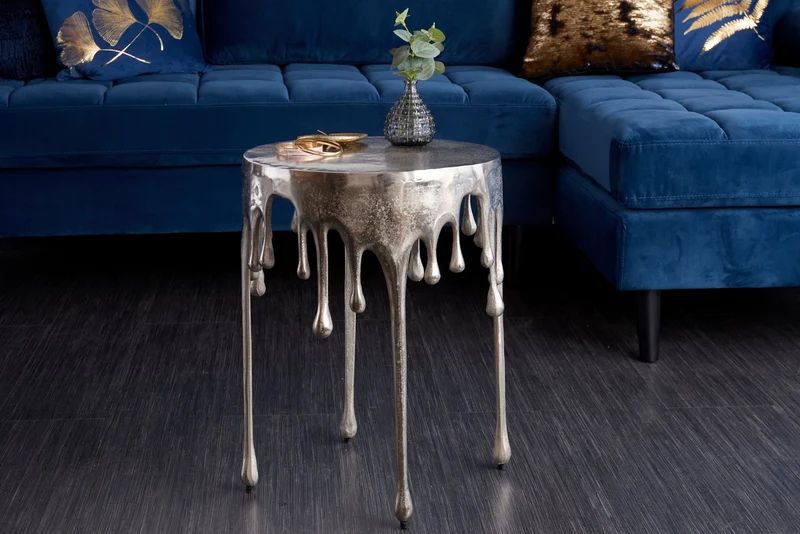 Table d'appoint extravagante LIQUID LINE 50cm design goutte argent métal aluminium ronde
