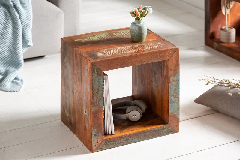 Table d'appoint solide JAKARTA 45cm Cube coloré en bois recyclé étagère