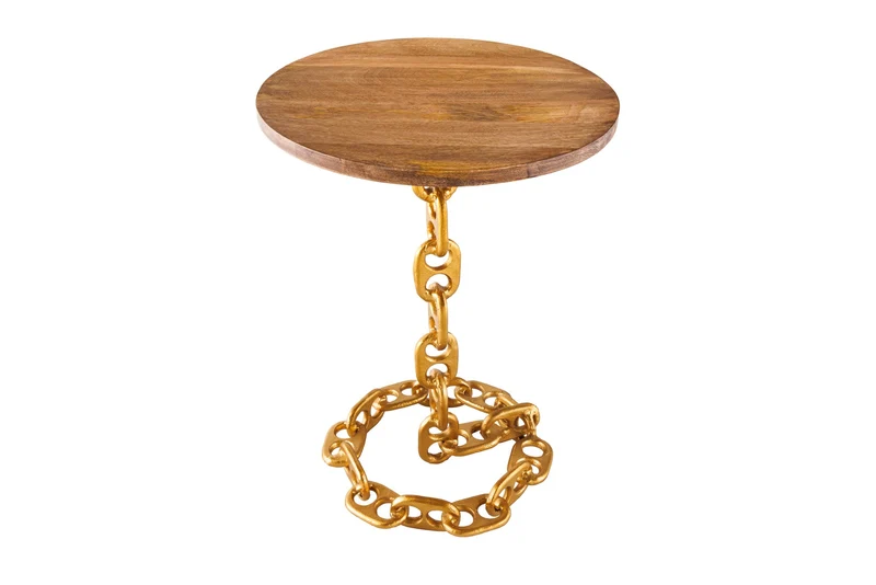 Table d'appoint design CHAINS 55cm en bois de manguier doré, cadre en chaîne ronde en métal fait main, massif