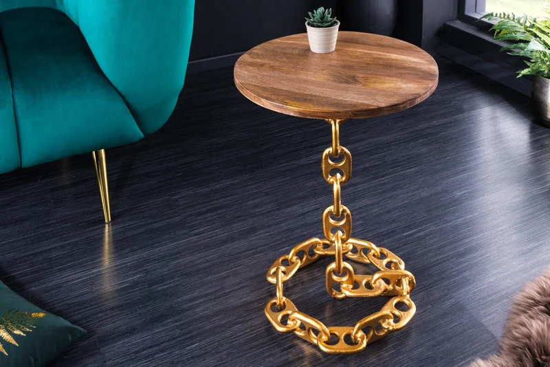 Table d'appoint design CHAINS 55cm en bois de manguier doré, cadre en chaîne ronde en métal fait main, massif