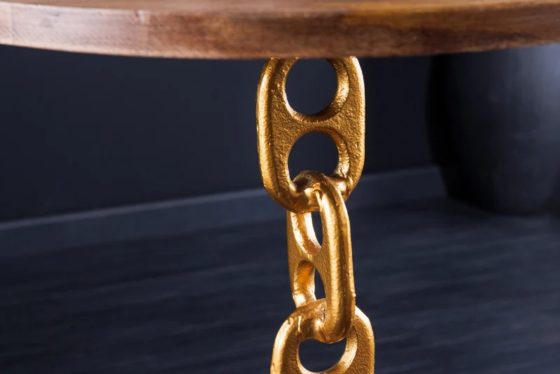 Table d'appoint design CHAINS 55cm en bois de manguier doré, cadre en chaîne ronde en métal fait main, massif