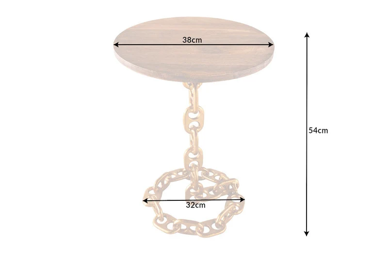 Table d'appoint design CHAINS 55cm en bois de manguier doré, cadre en chaîne ronde en métal fait main, massif