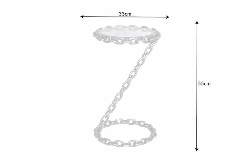 Table d'appoint design CHAINS 35 cm en métal argenté fait main, plateau rond en verre, cadre en chaîne