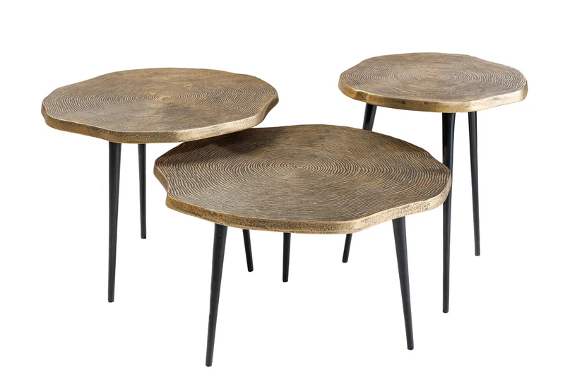 Lot de 3 tables d'appoint ORGANIC 60/50/40cm laiton antique métal rond tronc d'arbre pieds noirs