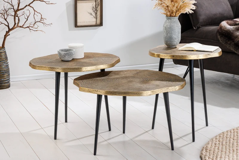 Lot de 3 tables d'appoint ORGANIC 60/50/40cm laiton antique métal rond tronc d'arbre pieds noirs