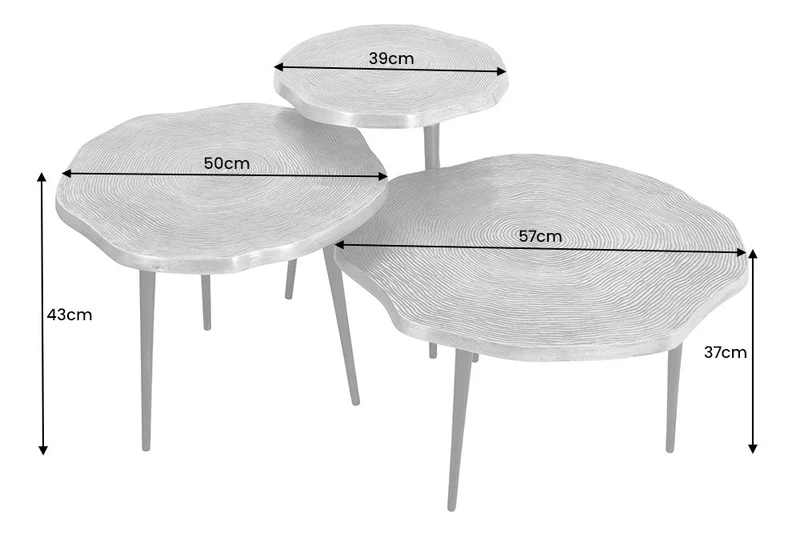 Lot de 3 tables d'appoint ORGANIC 60/50/40cm laiton antique métal rond tronc d'arbre pieds noirs