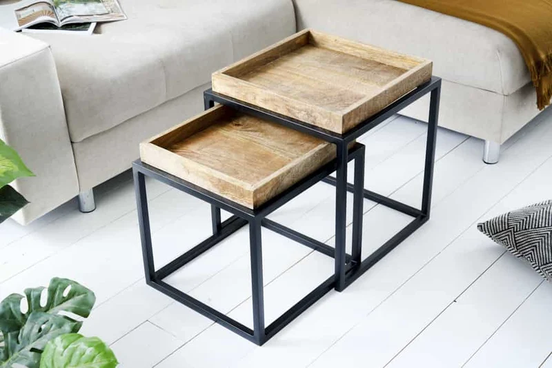 Lot de 2 tables d'appoint SERVITEUR 50cm bois de manguier naturel structure métal noir tables basses solides