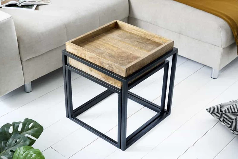 Lot de 2 tables d'appoint SERVITEUR 50cm bois de manguier naturel structure métal noir tables basses solides