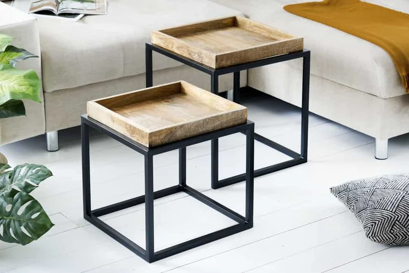 Lot de 2 tables d'appoint SERVITEUR 50cm bois de manguier naturel structure métal noir tables basses solides