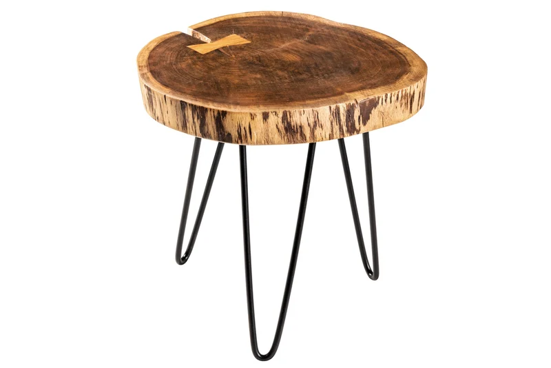 Table d'appoint industrielle GOA 40cm en bois massif d'acacia naturel, pieds ronds en épingle à cheveux